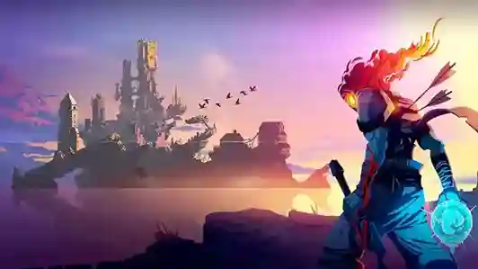 بطل لعبة Dead Cells برأسه المشتعل ينظر إلى قلعة غامضة عند الغروب
