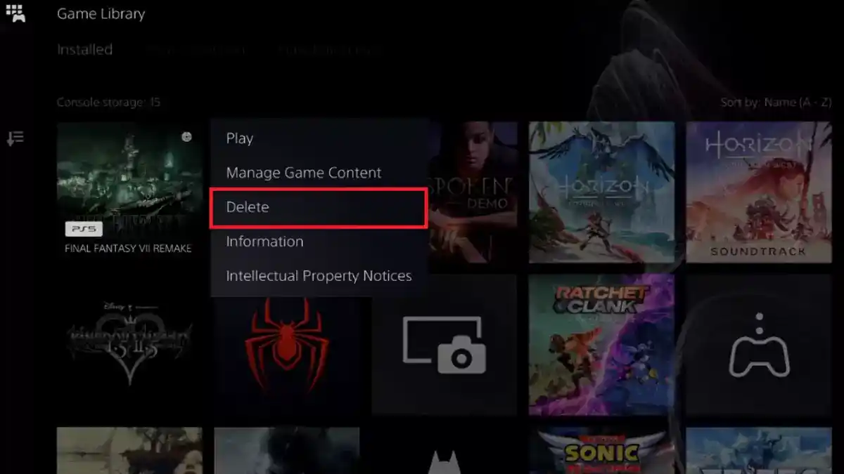 الصورة تحتوى على شاشة ألعاب بلاي ستيشن 5 وطريقة حذف أحد الألعاب