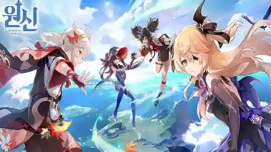 شخصيات لعبة Genshin Impact تحلق في السماء في تصميم فني رسمي