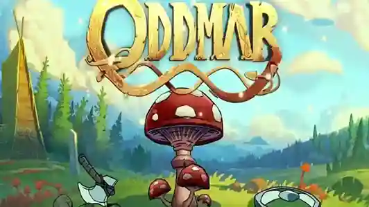 شعار لعبة Oddmar مع فطر عميق في غابة الفايكنج الكرتونية
