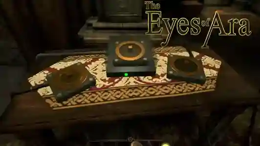 أجهزة وألغاز إلكترونية موضوعة على طاولة داخل لعبة The Eyes of Ara