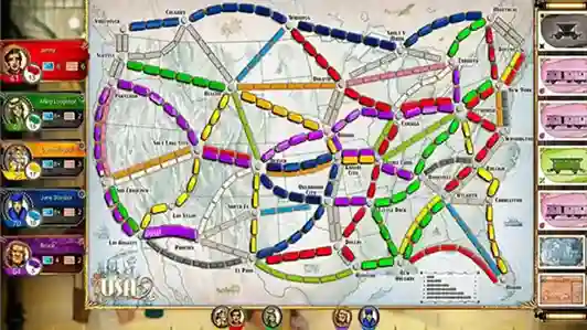خريطة مسارات القطارات الملونة للولايات المتحدة في لعبة Ticket to Ride