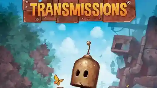 روبوت نحاسي صغير وفراشة برتقالية تحت شعار لعبة Transmissions