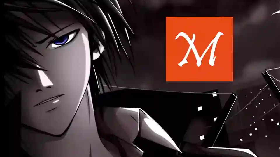 هذه الصورة تضم شعار تطبيق انمي Manga slayer App وفي الخلفية أحد شخصيات الأنمي الشهيرة