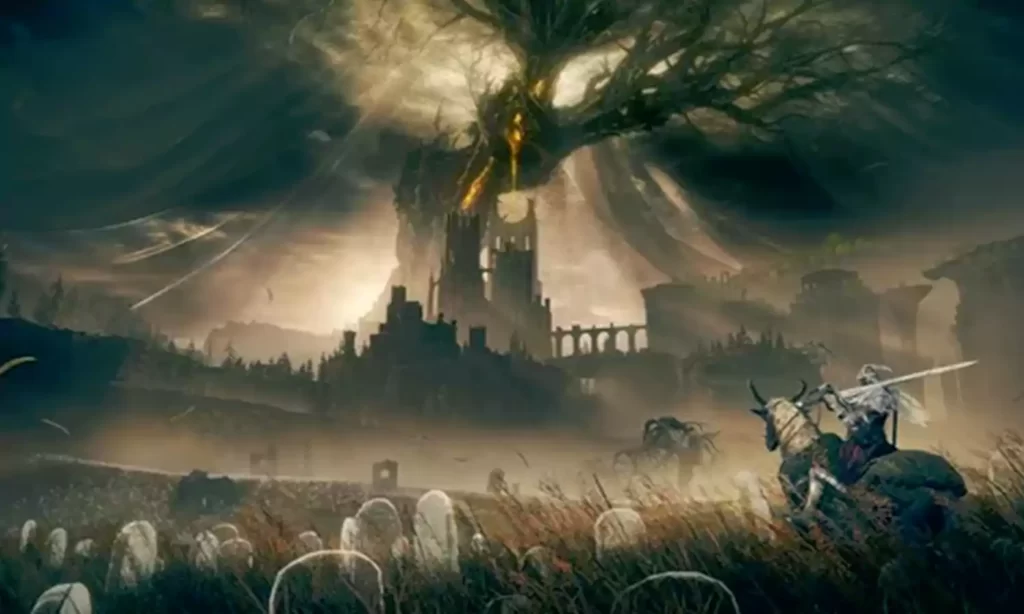 صورة من داخل لعبة Elden Ring: Shadow of the Erdtree تُظهر شخصية اللاعب وهو يواجه زعيمًا ضخمًا في بيئة مظلمة ومليئة بالتفاصيل.

