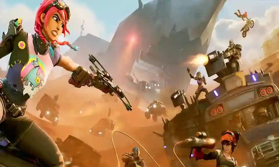 صورة لبطل من Fortnite يبني جدارًا أثناء إطلاق النار في خريطة كرتونية ملونة مع مؤثرات نارية