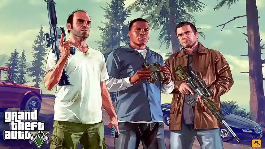 هذه الصورة تضم غلاف لعبة GTA V لبلاي ستيشن 4 يظهر الشخصيات الرئيسية وخلفية مدينة لوس سانتوس الشهيرة