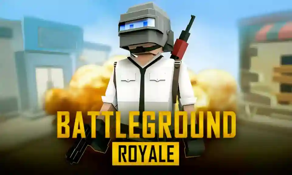 صورة بأسلوب بكسلي تظهر شخصية بأسلحة كبيرة في خريطة مشابهة لعالم Minecraft من لعبة Pixel’s Unknown Battle Ground