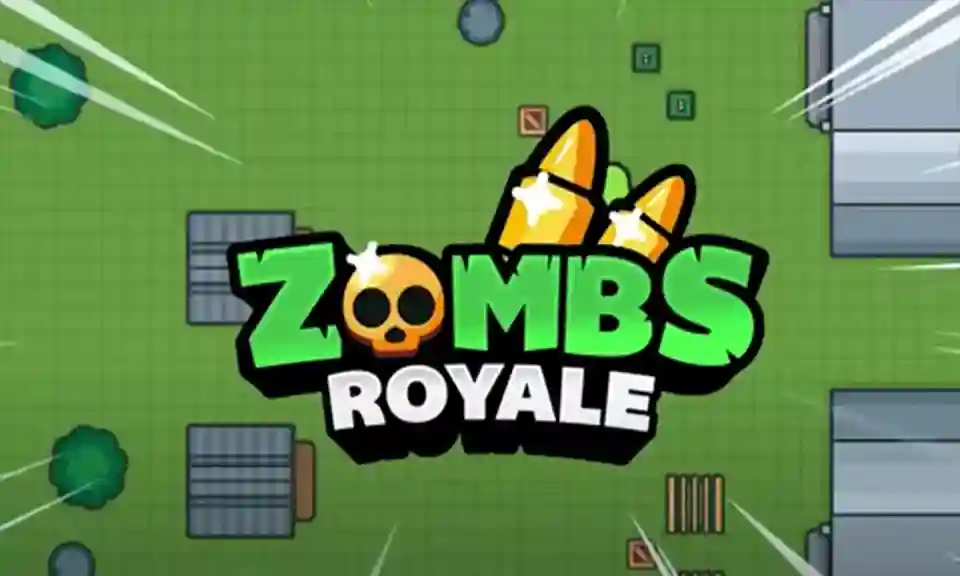 صورة من لعبة ZombsRoyale.io تُظهر خريطة ثنائية الأبعاد بألوان زاهية وشخصيات تتحرك داخل ساحة اللعب