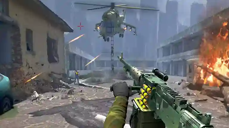 واجهة لعبة Gun War تُظهر اللاعب يواجه موجات من الأعداء في بيئة حضرية