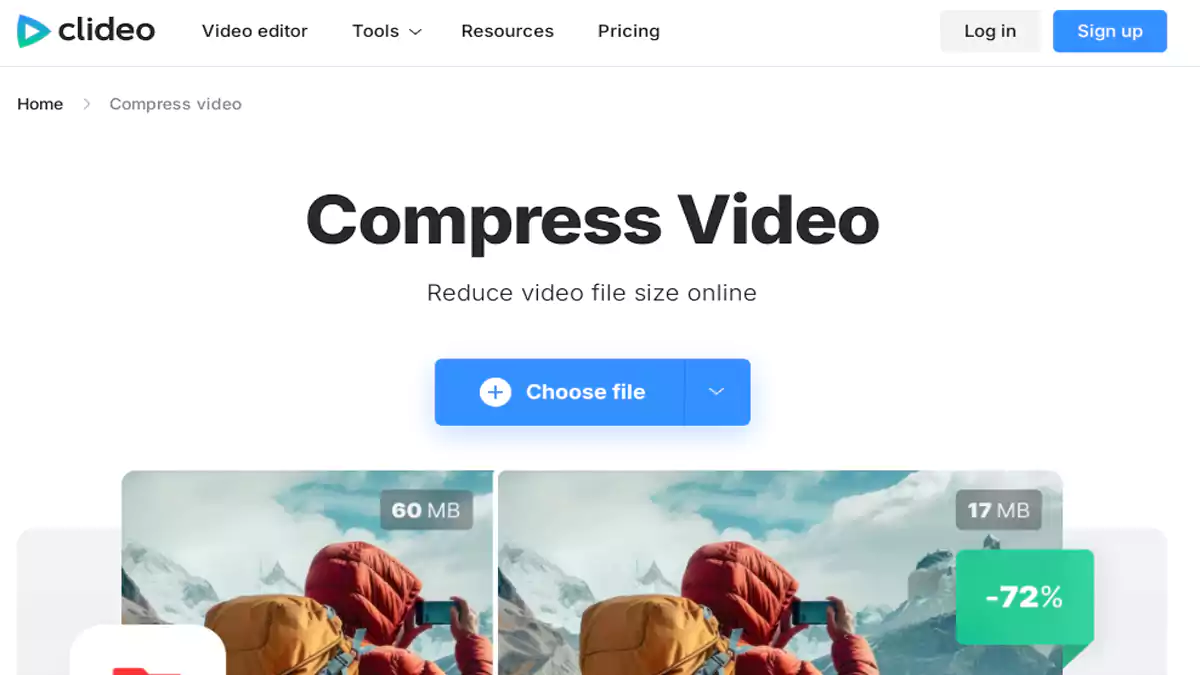 واجهة برنامج Clideo لضغط الفيديو أون لاين مع الحفاظ على الجودة، أداة سهلة لتقليل حجم الفيديو بدون فقدان الدقة.