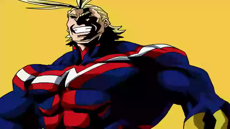 كوجيما كوجي (All Might) من أنمي My Hero Academia يستخدم قوته البدنية الهائلة، يظهر سرعته وقوته الخارقة أثناء مواجهة الخصوم.