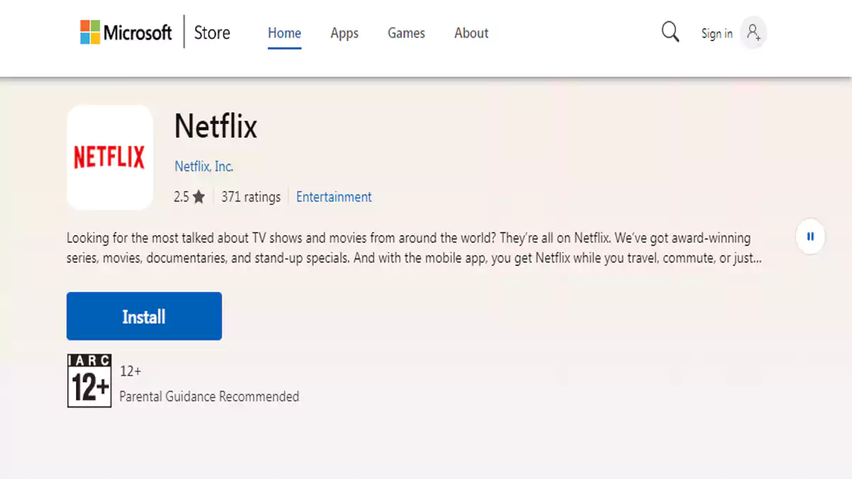 واجهة تطبيق Netflix الرسمي على ويندوز 10 توضح خيار تحميل الأفلام لمشاهدتها بدون إنترنت على الكمبيوتر.