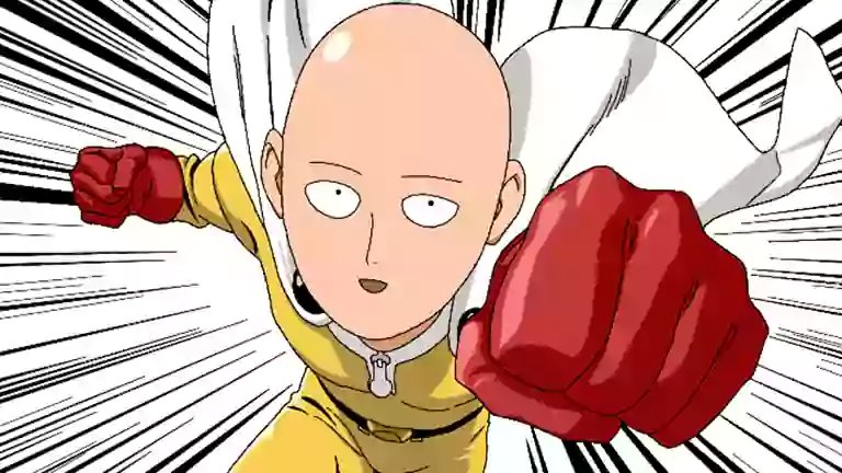 سايتاما من أنمي One Punch Man يجهز ضربة واحدة قوية، يظهر قوته الخارقة وسرعته الهائلة في مواجهة الأعداء.