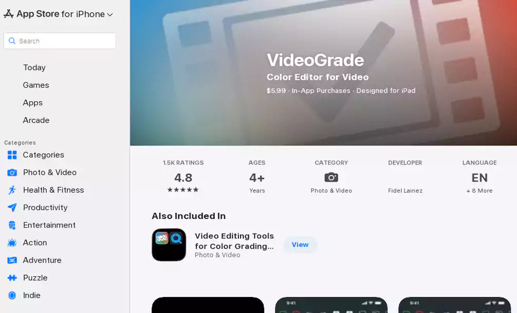 VideoGrade تطبيق تعديل ألوان فيديو على أجهزة iPhone.