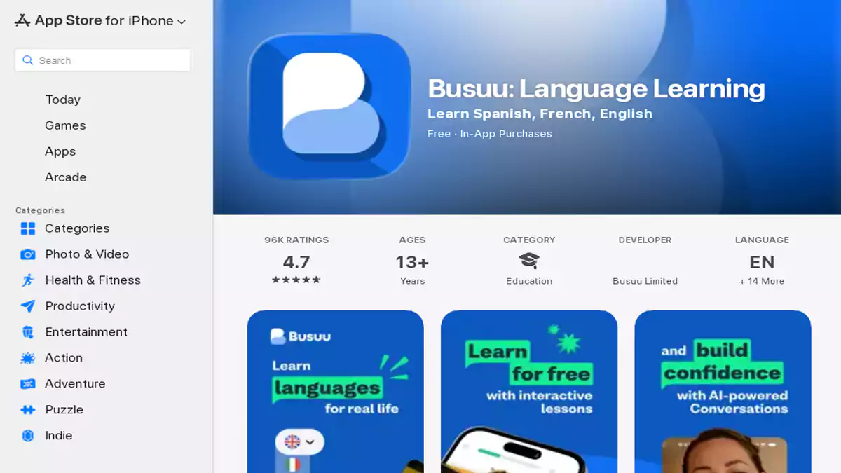تطبيق Busuu لتعلم الألمانية يعرض تصحيح جملة من مستخدم ناطق بالألمانية لتحسين مهارة الكتابة.