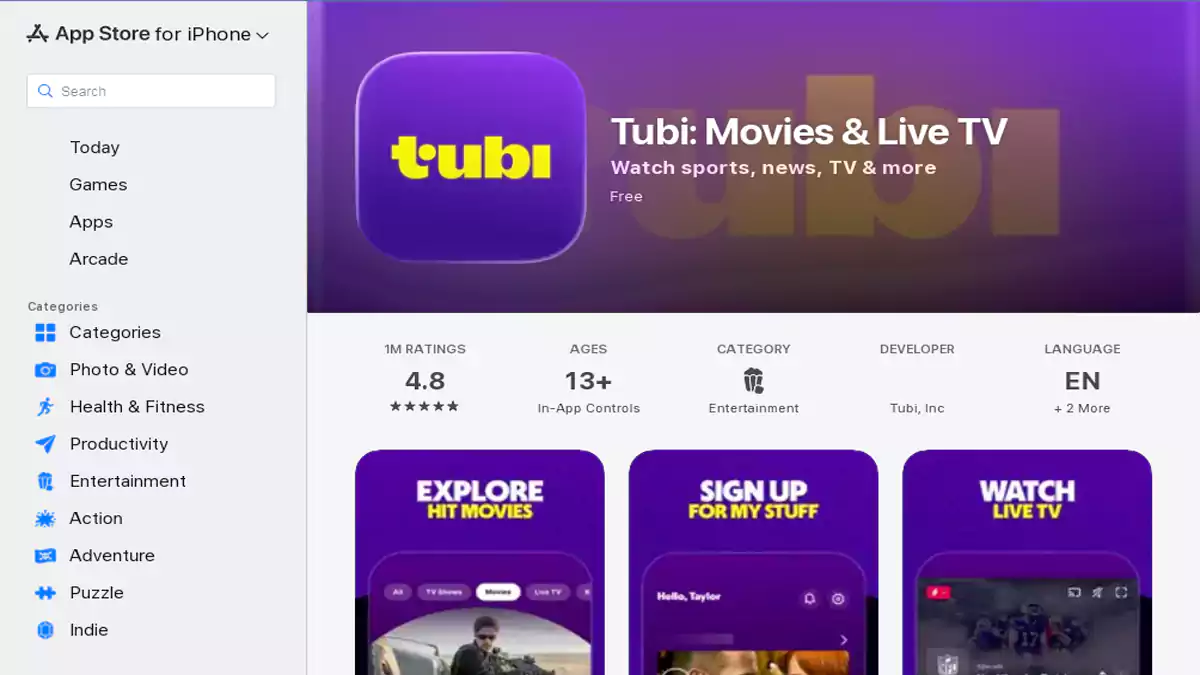 الصورة تحتوى على سكرين شوت من داخل صفحة تطبيق Tubi TV للايفون على متجر آب ستور App Store ,juvt ugn طريقة تحميل تطبيق Tubi TV 2026 على أندرويد، آيفون، وتلفزيون ذكي خطوة-بخطوة بسهولة لمشاهدة الأفلام والمسلسلات مجانًا مع إعداد بسيط وسريع.
