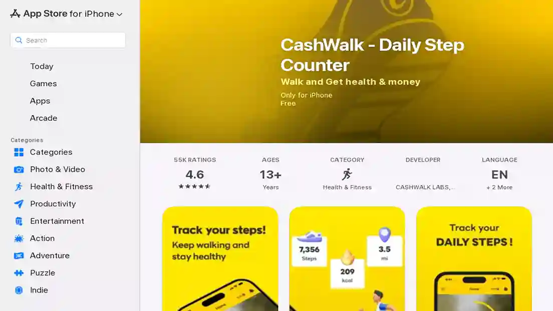 شاشة تطبيق CashWalk لربح النقاط من المشي اليومي وتحويلها إلى بطاقات هدايا.
