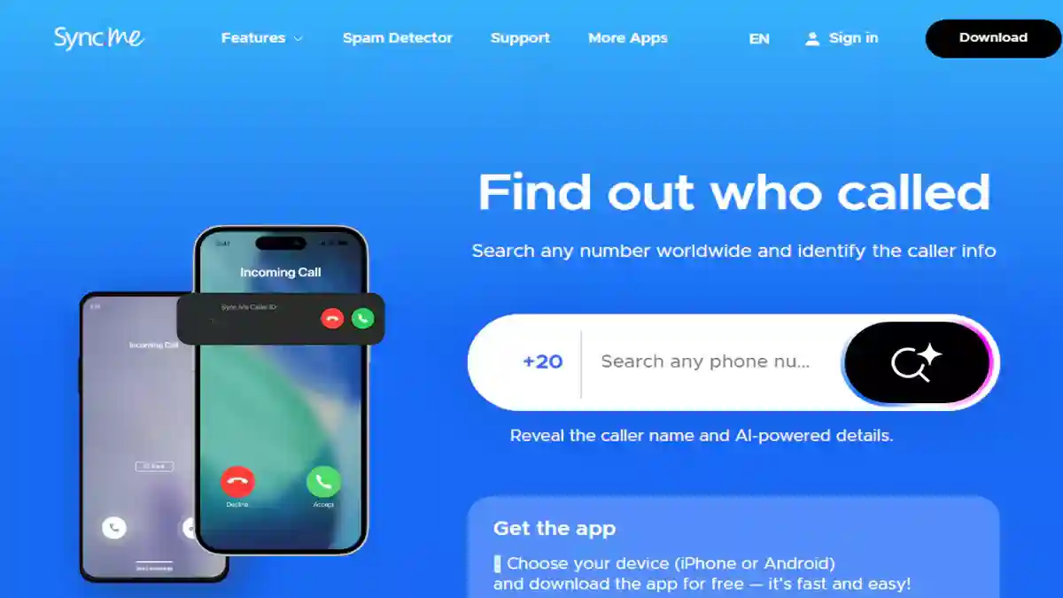 صورة توضح البحث عن رقم هاتف عبر موقع Sync.me لمعرفة اسم صاحب الرقم المجهول بدون برنامج وأفضل 10 مواقع لمعرفة اسم المتصل بدون برنامج بسهولة عبر الإنترنت. دليل شامل لكشف هوية الأرقام المجهولة مجانًا وبخطوات بسيطة وآمنة.