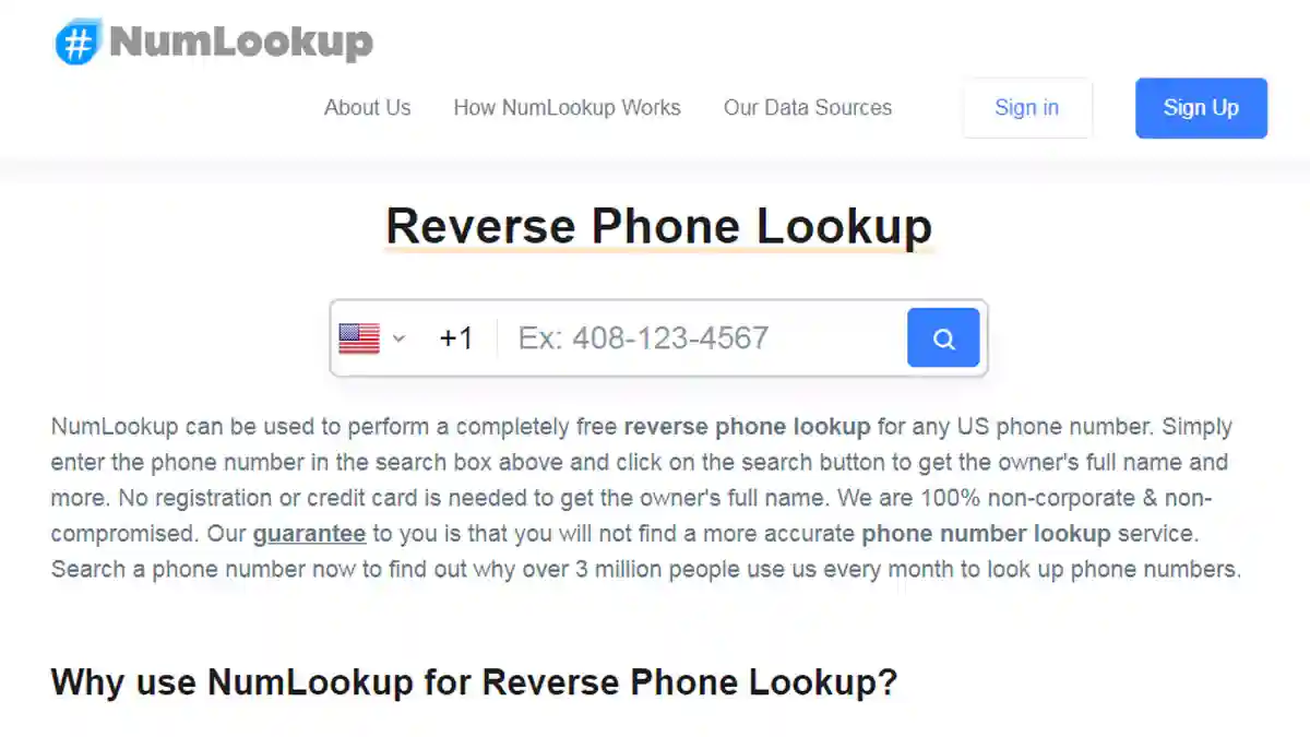 واجهة موقع NumLookup لإدخال رقم الهاتف ومعرفة هوية المتصل عبر الإنترنت بدون تحميل تطبيق