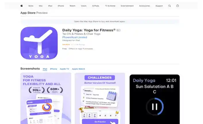 واجهة تطبيق Daily Yoga تعرض جلسات يوغا موجهة، مع تمارين للتنفس والاسترخاء.
