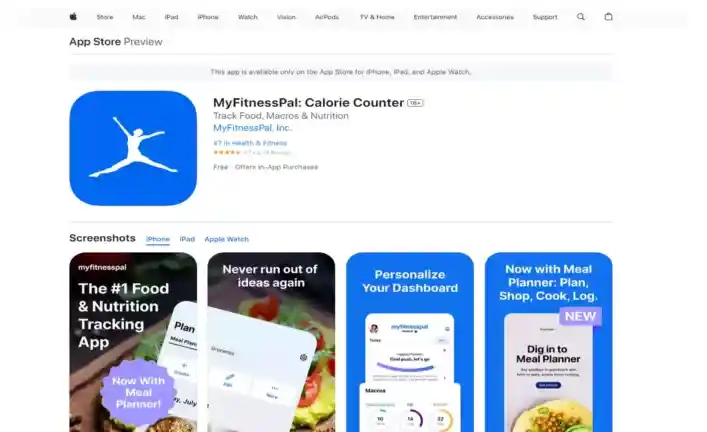 شاشة تطبيق MyFitnessPal تعرض تتبع السعرات الحرارية والوجبات، مع تحليل التغذية والتمارين.
