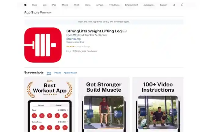 واجهة تطبيق StrongLifts تعرض تمارين رفع الأثقال بنظام 5x5، مع تتبع التقدم في الأوزان.