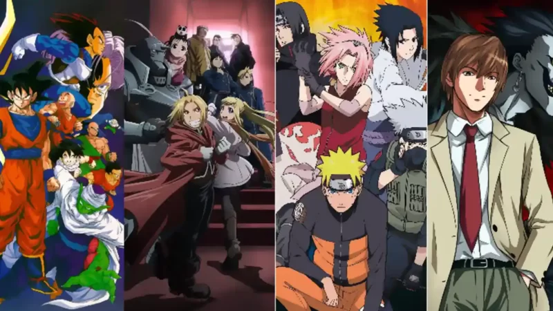 الصورة تتضمن بعض الشخصيات الشهيرة من أشهر أعمال الأنمي التى يتم عرضها على انمي فور اب anime4up للمشاهدة بدون اعلانات مزعجة مثل ون بيس وناروتو