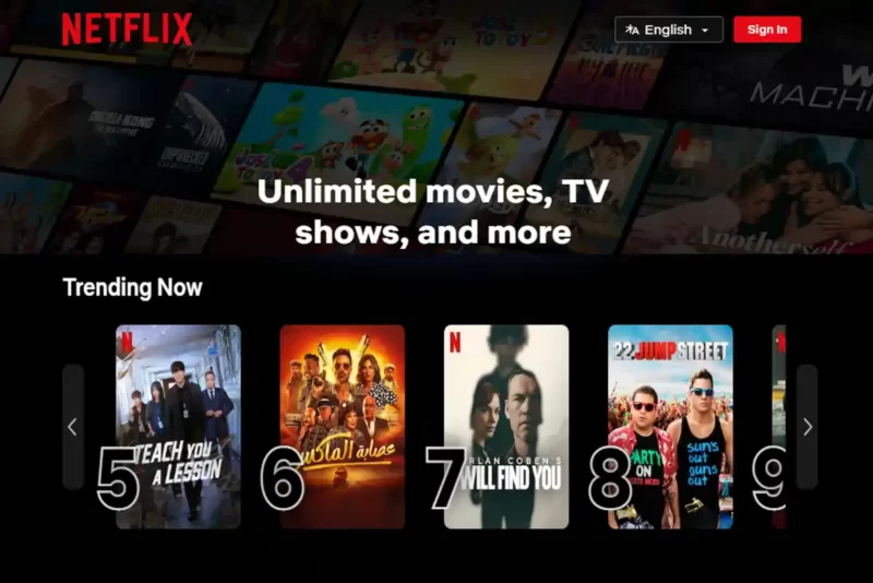 لقطة شاشة لواجهة Netflix تظهر مجموعة من المسلسلات والأفلام المترجمة بجودة عالية.