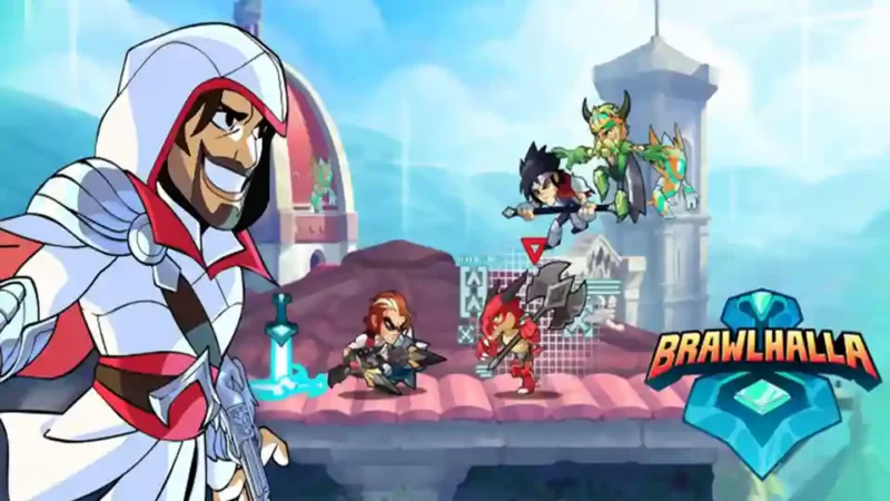 قتال شخصيات في ساحة ملونة من لعبة Brawlhalla المجانية على PS4.