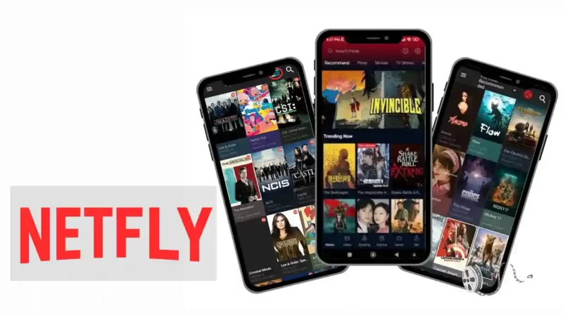 الصورة تتضمن بعض الأفلام والمسلسلات في الخلفية وفي الأمام شعار تطبيق نتفلاي، ضمن مقالنا عن روابط تحميل تطبيق Netfly APK أحدث إصدار مجاناً للأندرويد والتلفزيون الذكي، وبرنامج نتفلاي لمشاهدة أحدث الأفلام والمسلسلات بجودة عالية hd مع الترجمة العربية وسيرفرات سريعة بدون تقطيع.