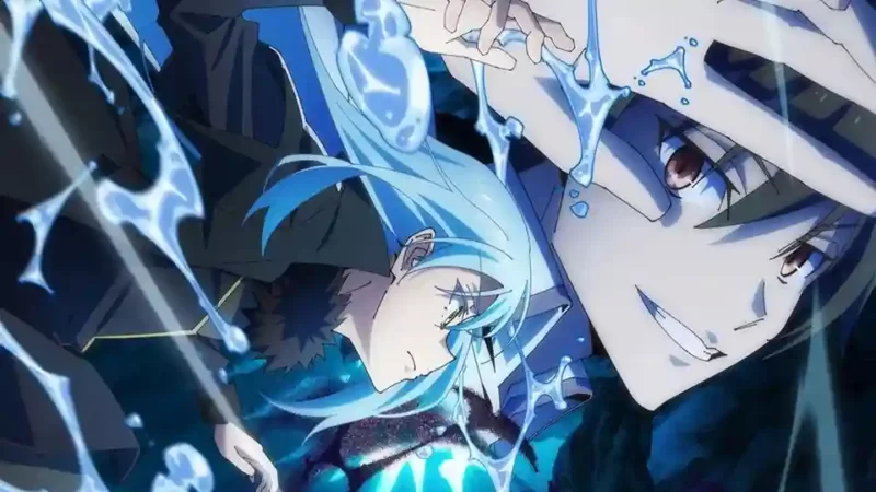 صورة مقربة تظهر ريمورو تيمبست، بطل أنمي "That Time I Got Reincarnated as a Slime"، بشكله البشري، مع شعر أزرق فاتح وعينين زرقاوين، وابتسامة على وجهه. تحيط به قطرات ماء عائمة.